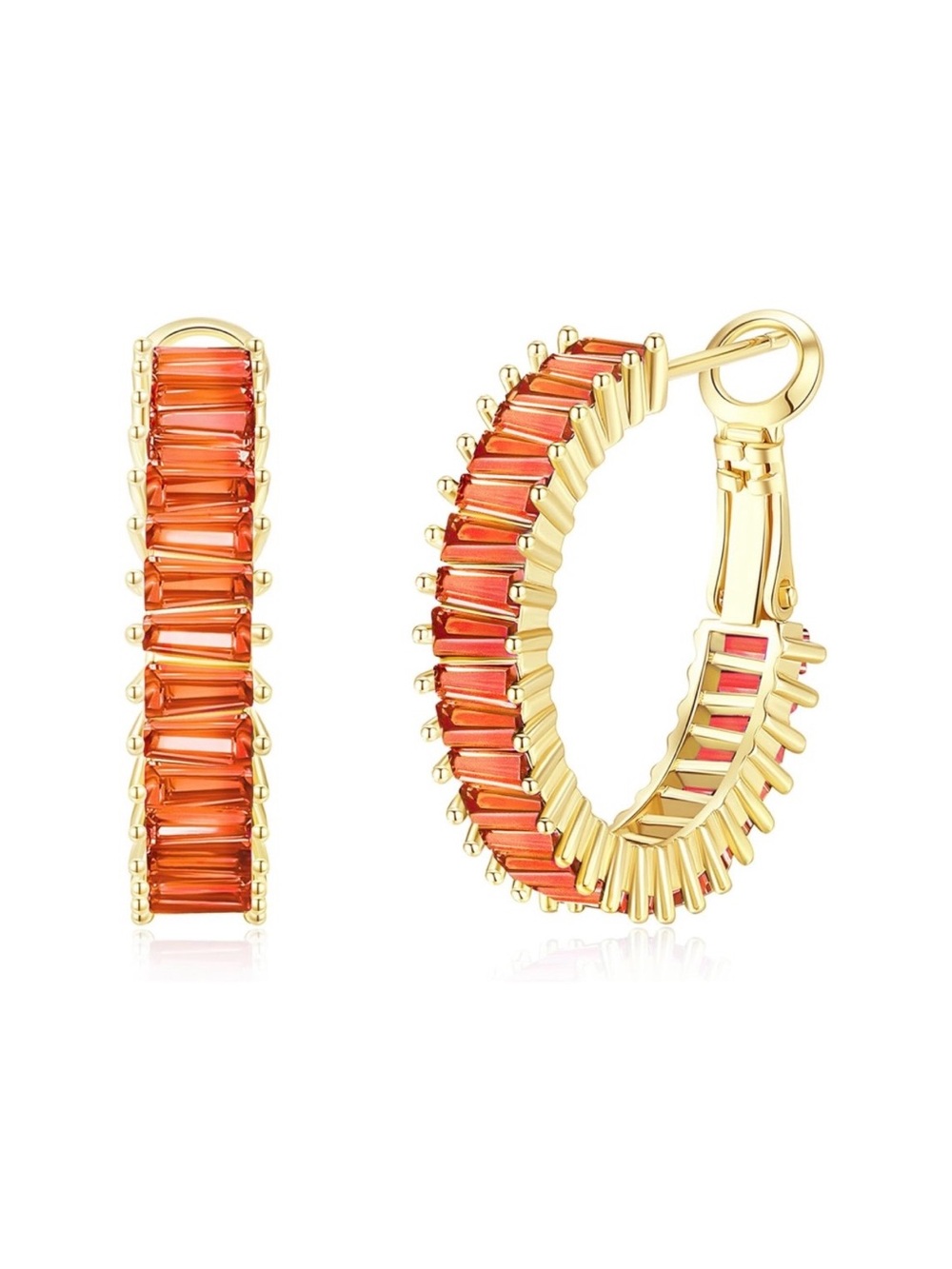 Gold Hoop Earrings with Orange Baguette Stones